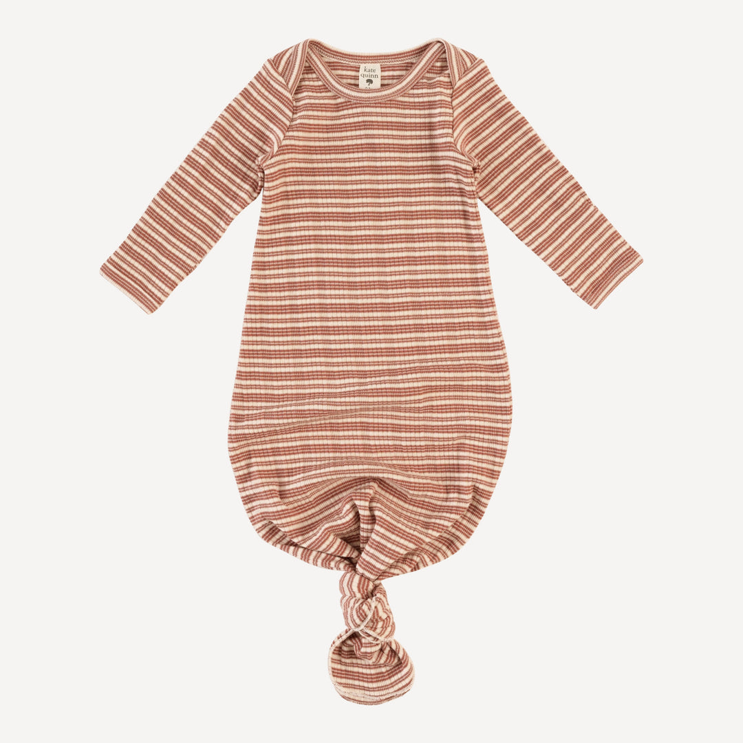long sleeve lap neck knotted gown | rust stripe | organic cotton multi rib
