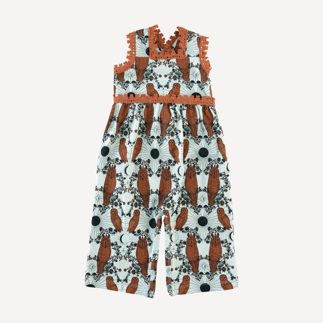laced gaucho jumpsuit | rust mystical owl | organic cotton jersey