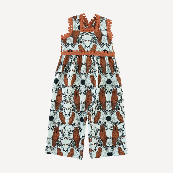 laced gaucho jumpsuit | rust mystical owl | organic cotton jersey
