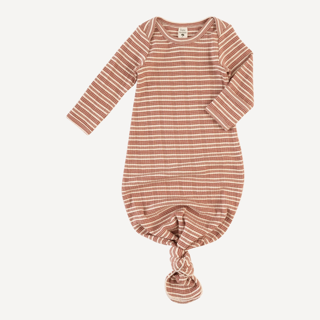 long sleeve lap neck knotted gown | rust stripe | organic cotton multi rib