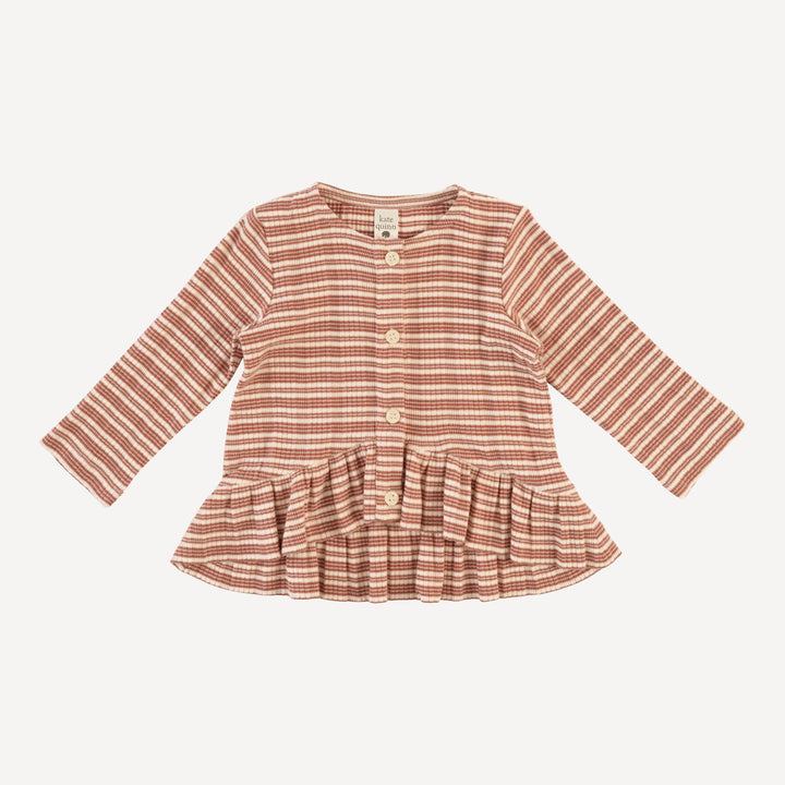 long sleeve ruffle button top | rust stripe | organic cotton multi rib