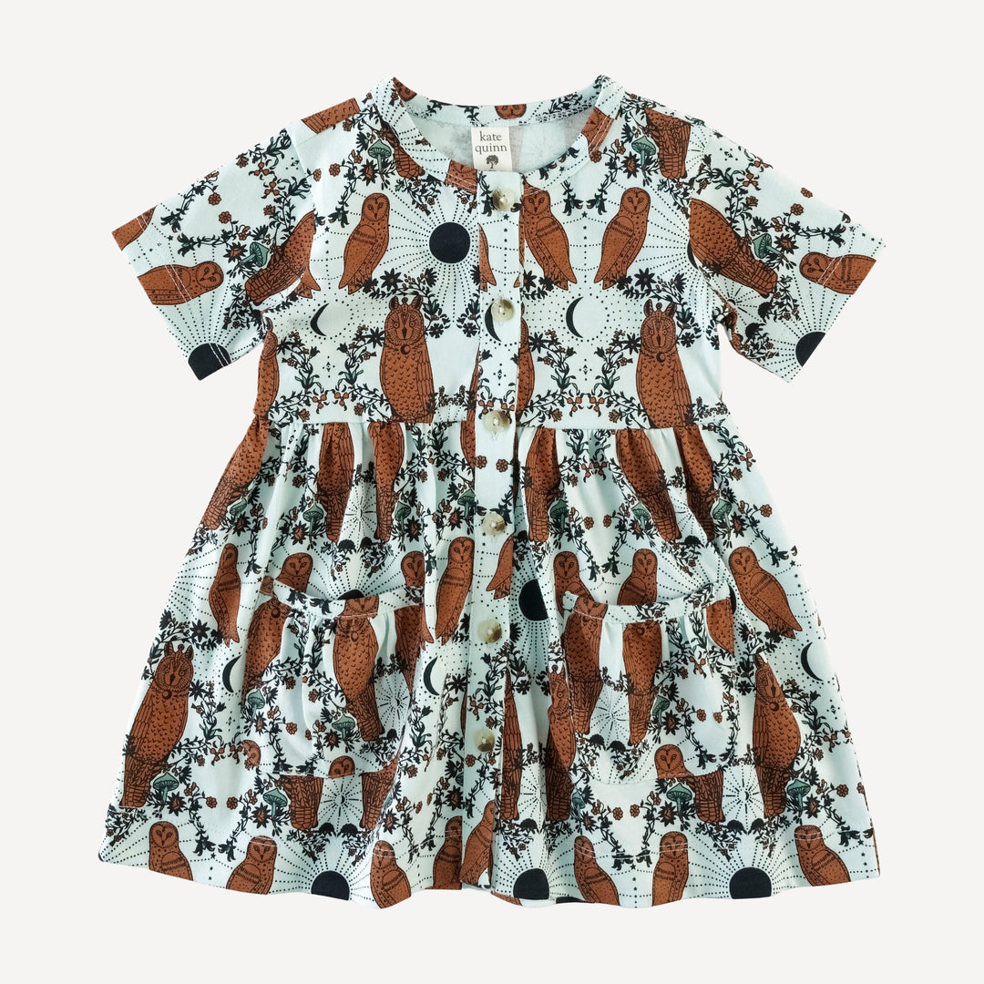 short sleeve button front pocket dress | rust mystical owl | organic cotton jersey