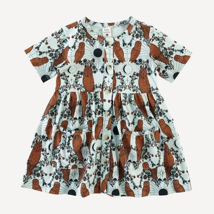short sleeve button front pocket dress | rust mystical owl | organic cotton jersey