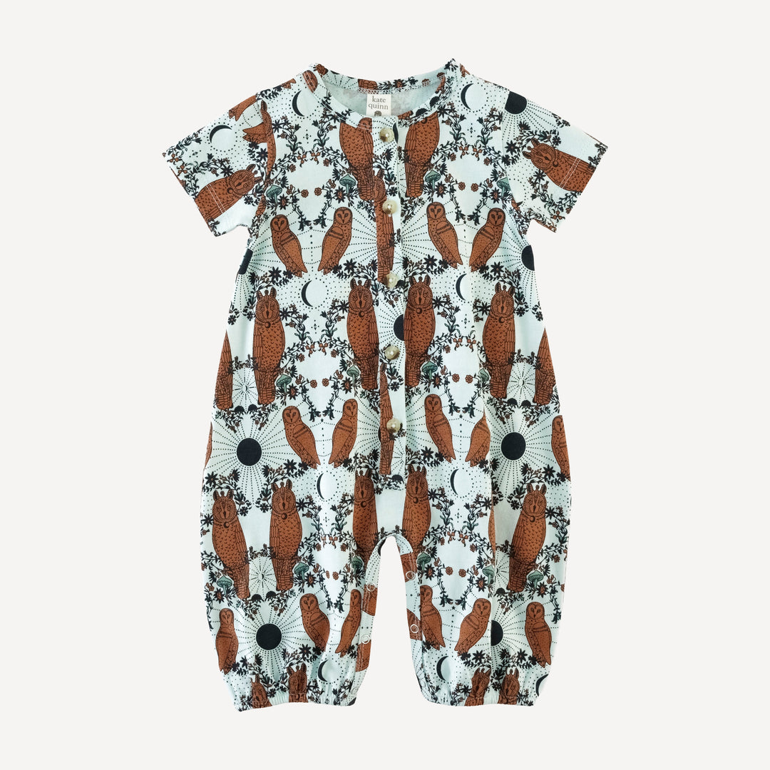 short sleeve button bubble jumpsuit | rust mystical owl | organic cotton jersey