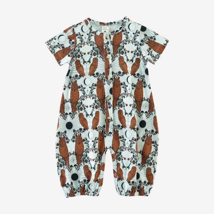 short sleeve button bubble jumpsuit | rust mystical owl | organic cotton jersey