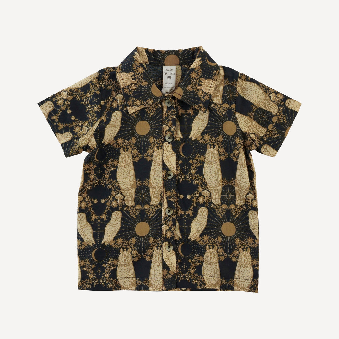 short sleeve button down shirt | mystical owl | organic cotton woven