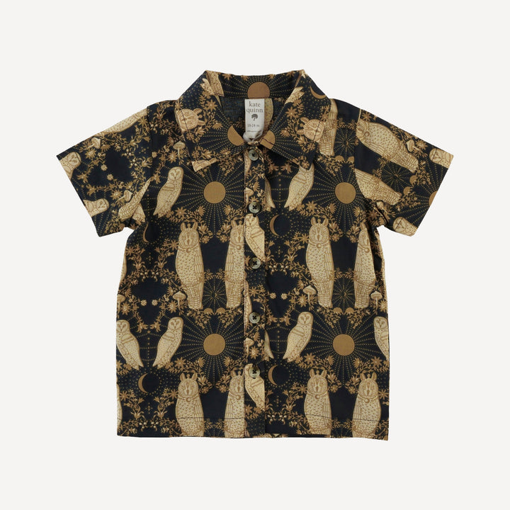 short sleeve button down shirt | mystical owl | organic cotton woven