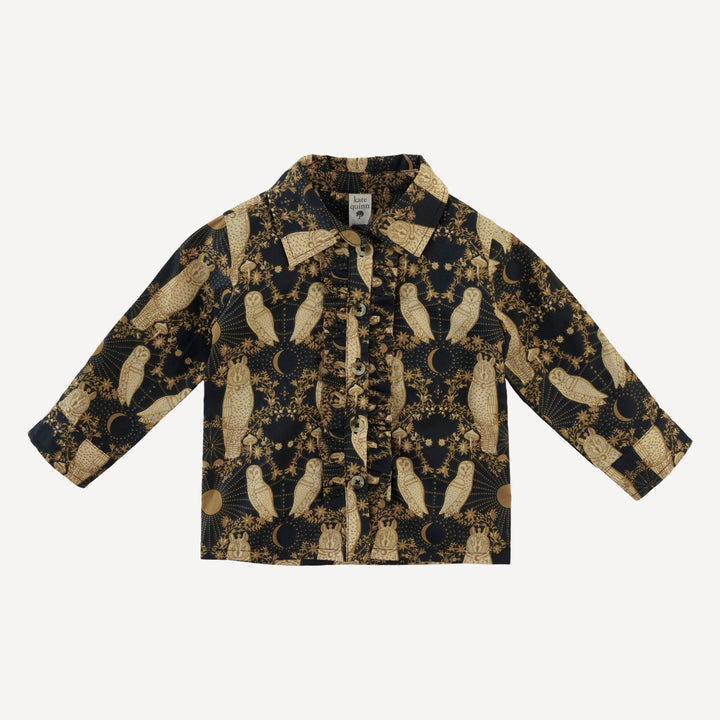 long sleeve rolled tuxedo shirt | mystical owl | organic cotton woven