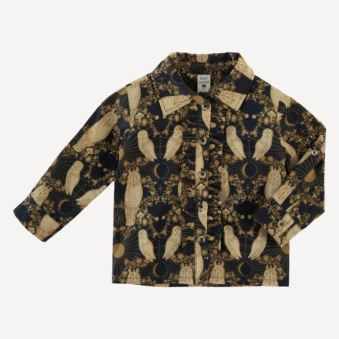 long sleeve rolled tuxedo shirt | mystical owl | organic cotton woven