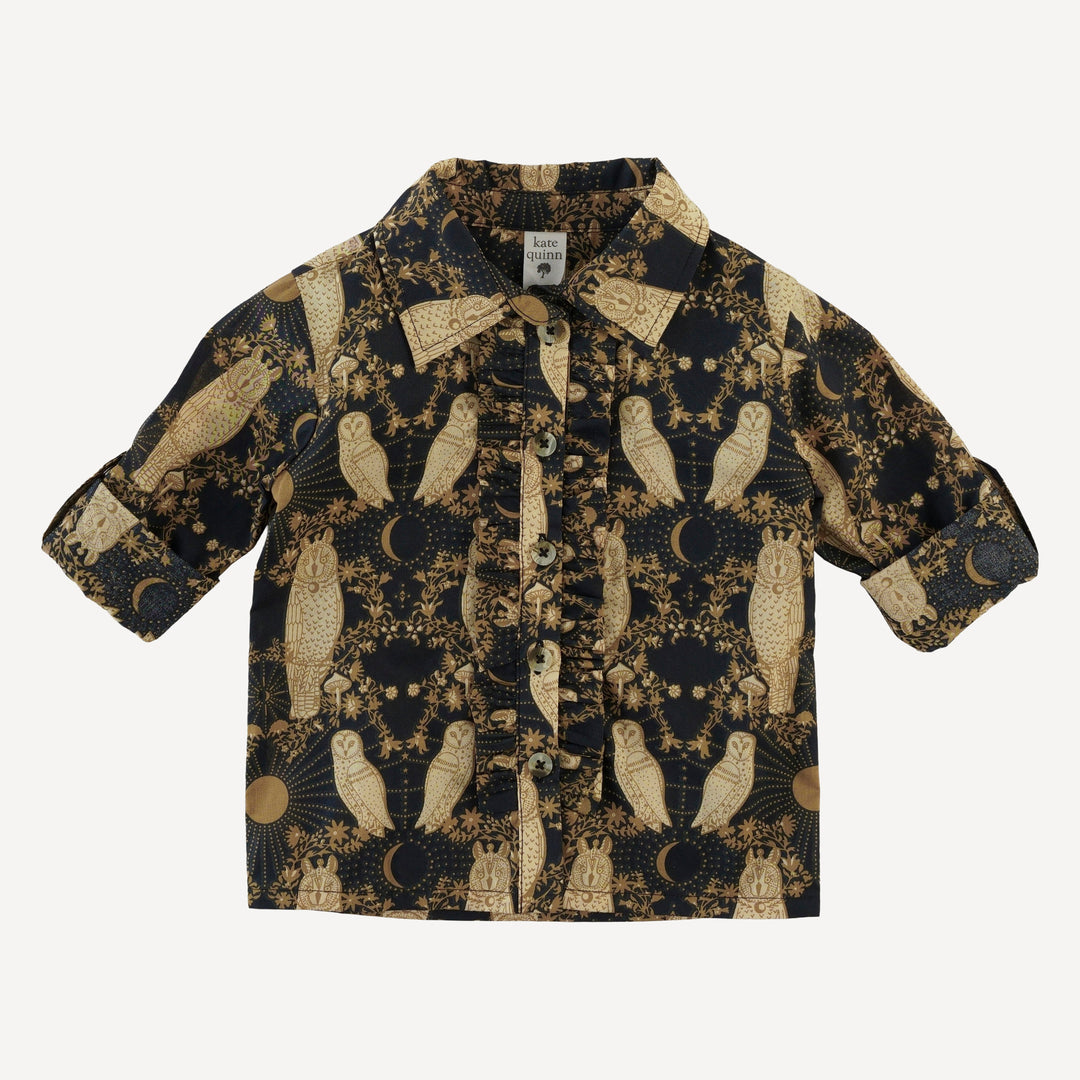 long sleeve rolled tuxedo shirt | mystical owl | organic cotton woven