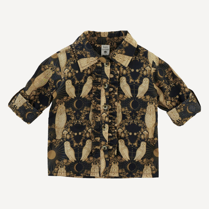 long sleeve rolled tuxedo shirt | mystical owl | organic cotton woven