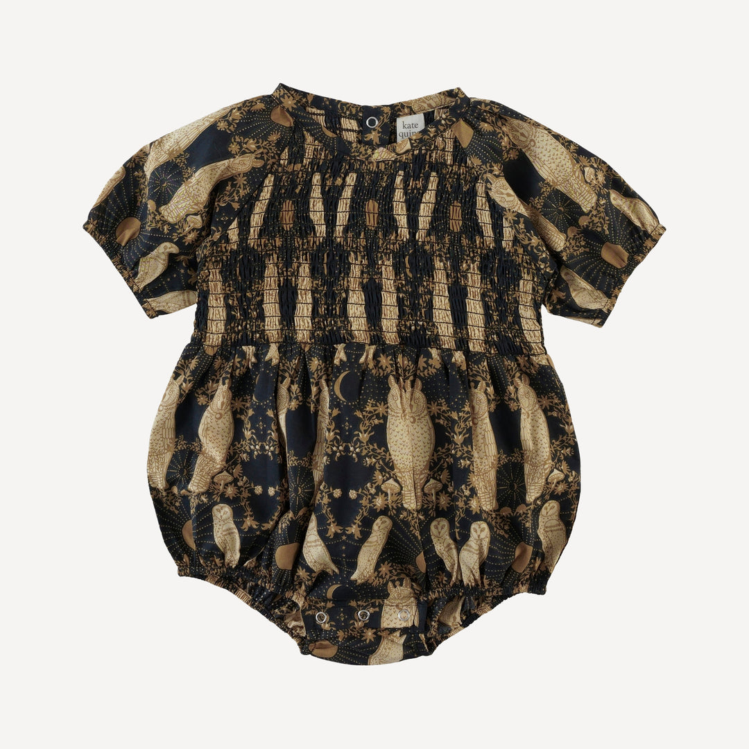 short puff sleeve smocked bubble | mystical owl | organic cotton woven