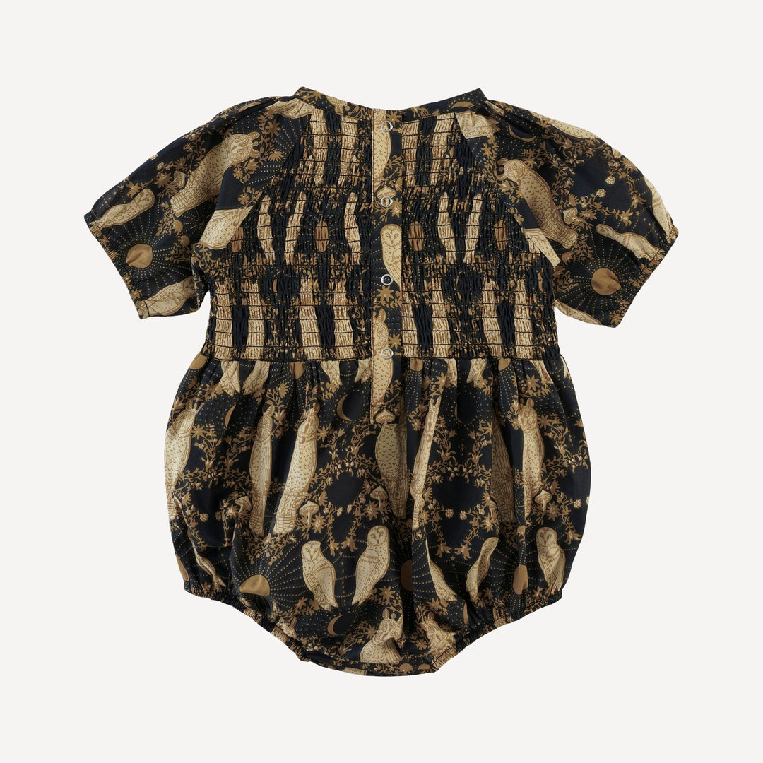 short puff sleeve smocked bubble | mystical owl | organic cotton woven