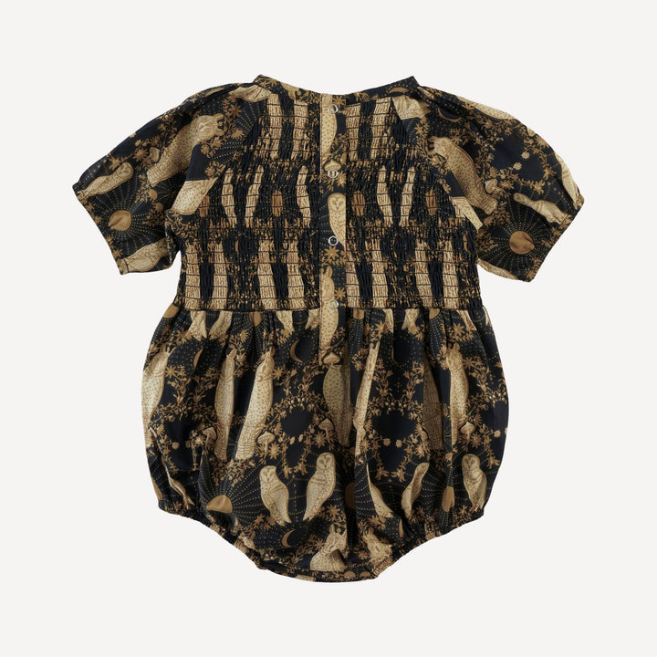 short puff sleeve smocked bubble | mystical owl | organic cotton woven