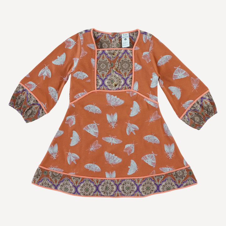 long sleeve boho dress | spicy moth scatter | organic cotton jersey