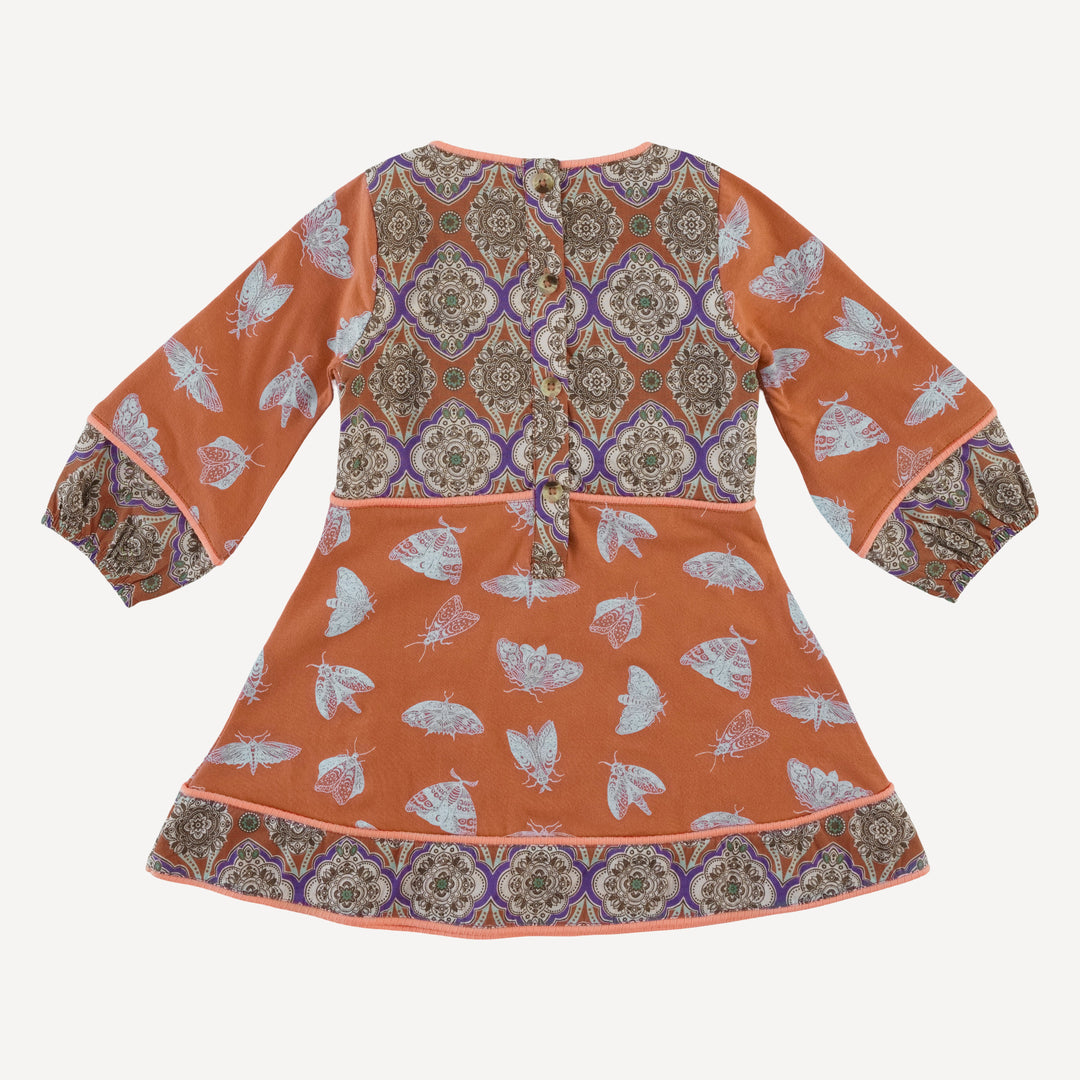 long sleeve boho dress | spicy moth scatter | organic cotton jersey