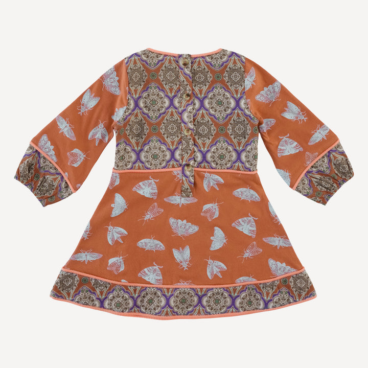 long sleeve boho dress | spicy moth scatter | organic cotton jersey