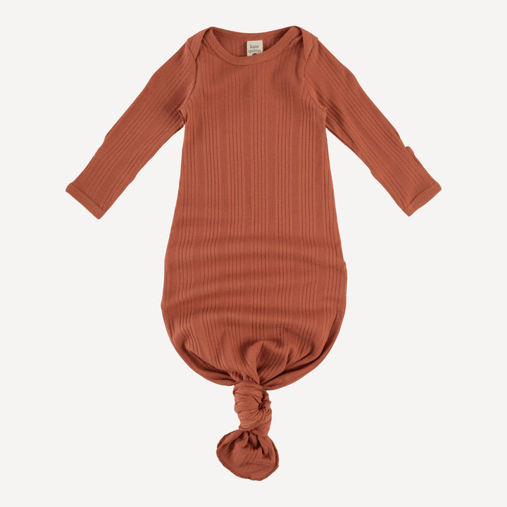 long sleeve lap neck knotted gown | rust | organic cotton multi rib