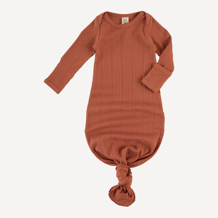 long sleeve lap neck knotted gown | rust | organic cotton multi rib