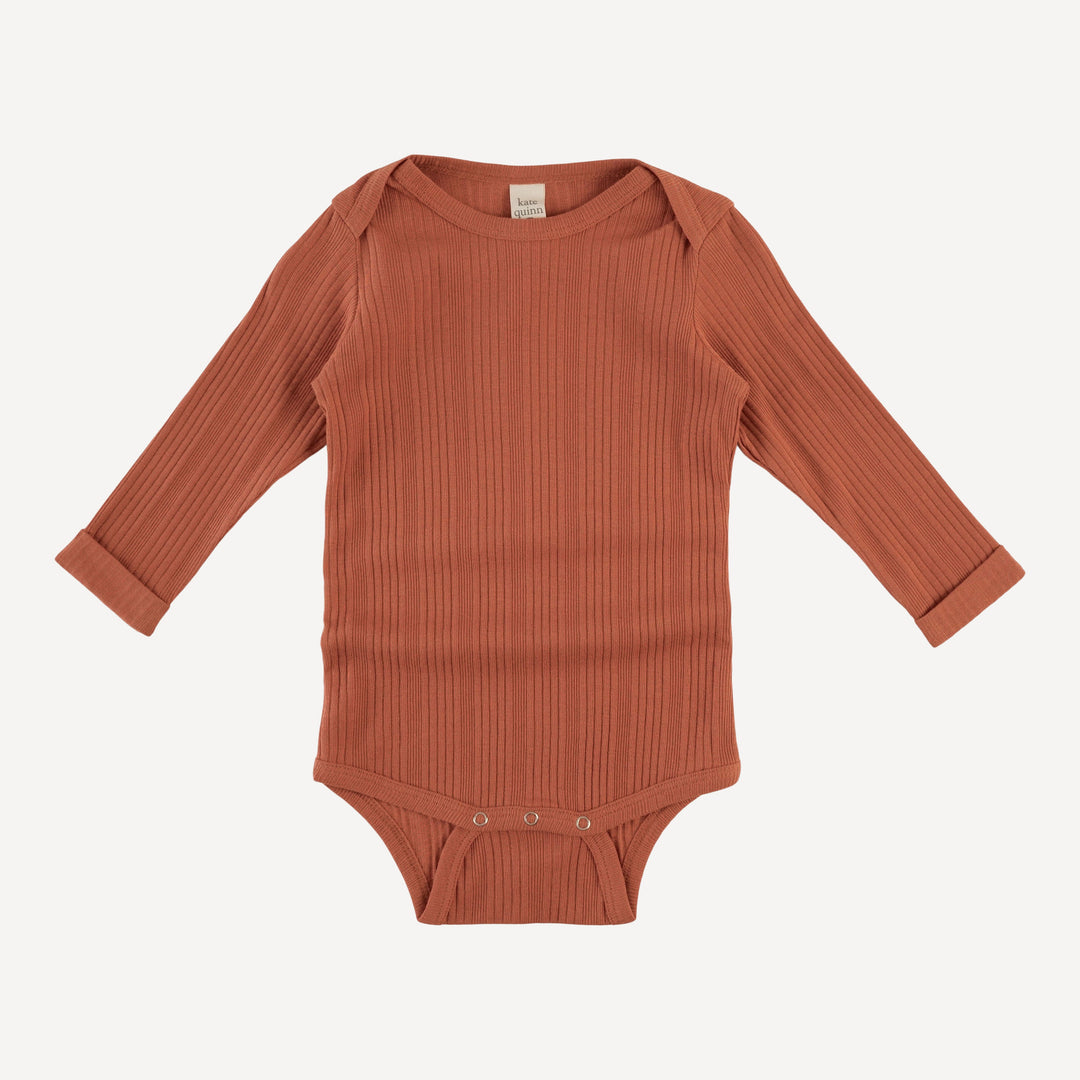 long sleeve lap neck bodysuit with rolled arms | rust | organic cotton multi rib