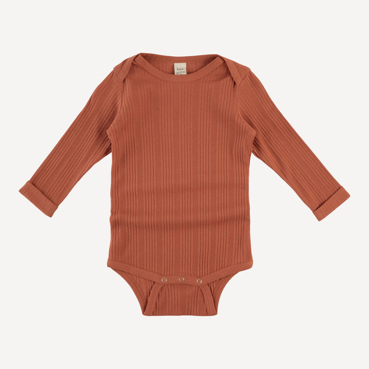 long sleeve lap neck bodysuit with rolled arms | rust | organic cotton multi rib