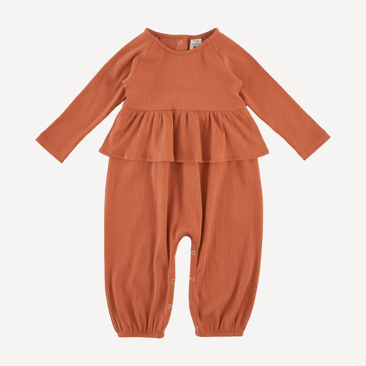 long sleeve ruffle romper | rust | organic cotton single rib