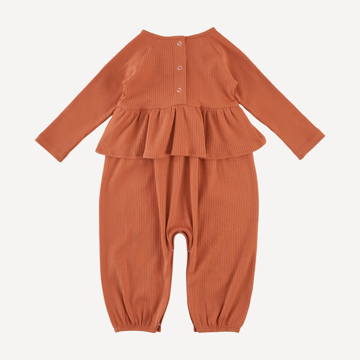 long sleeve ruffle romper | rust | organic cotton single rib