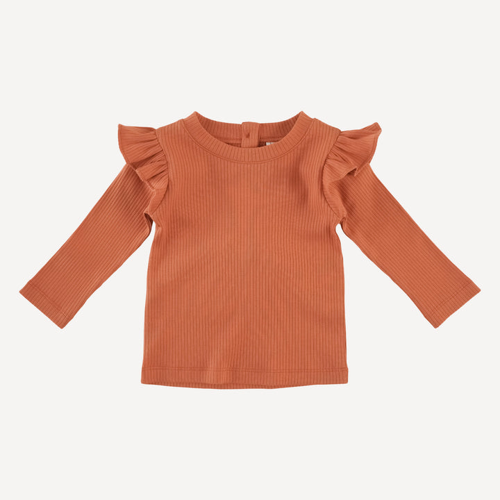 long sleeve ruffle shoulder top | rust | organic cotton single rib