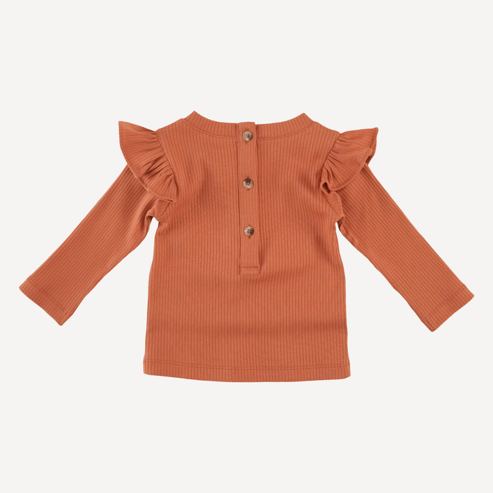 long sleeve ruffle shoulder top | rust | organic cotton single rib