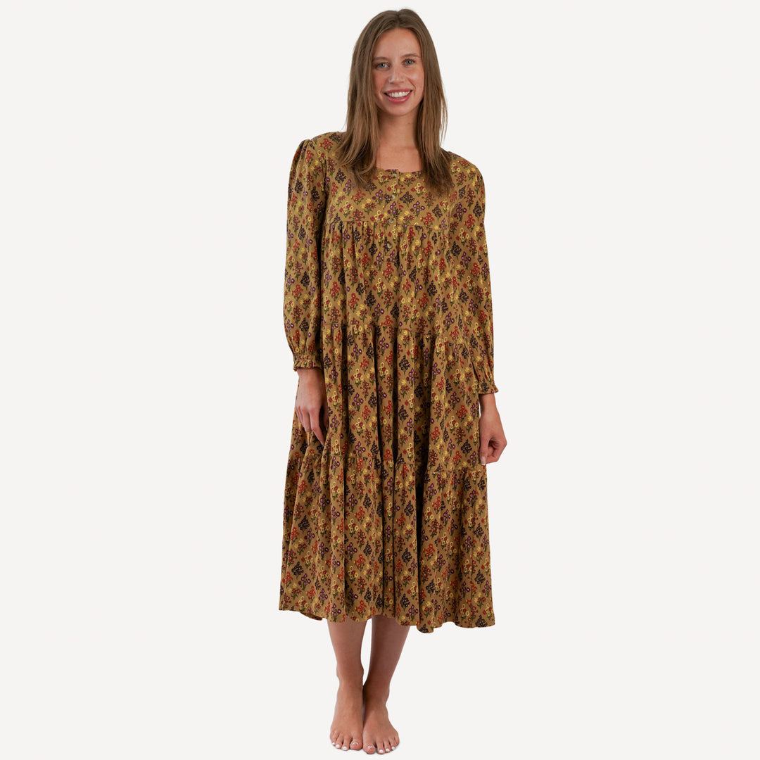 womens long sleeve henley prairie dress | apple cinnamon floral bouquet | organic cotton interlock