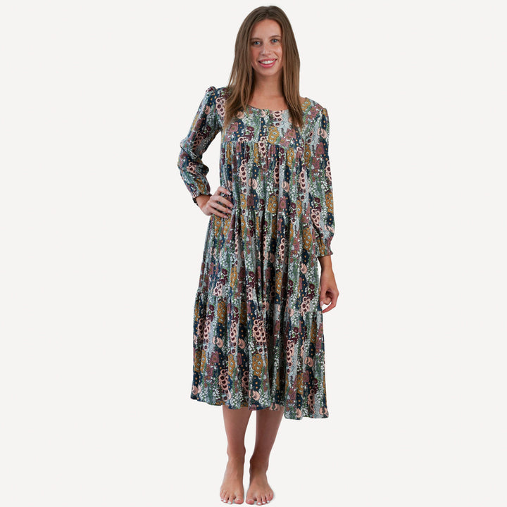 womens long sleeve henley prairie dress | hollyhock | organic cotton interlock