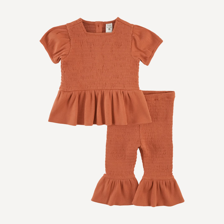 short puff sleeve smocked ruffle top + pant set | rust | organic cotton single rib