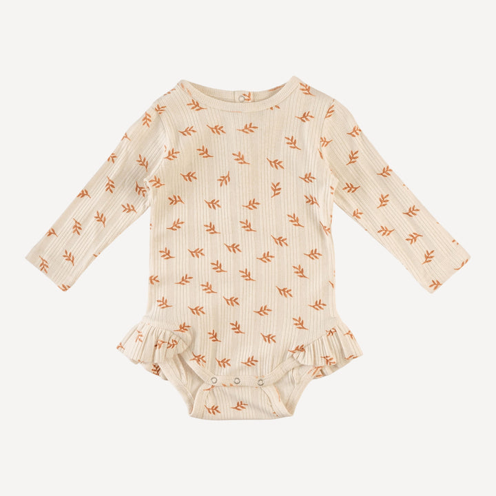 long sleeve ruffle leg bodysuit | butterum leaf | organic cotton multi rib