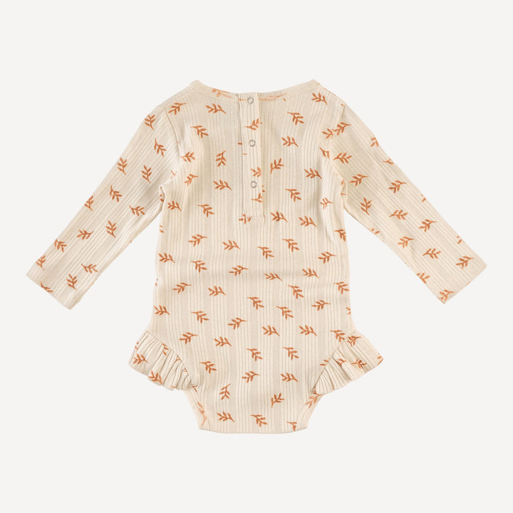 long sleeve ruffle leg bodysuit | butterum leaf | organic cotton multi rib