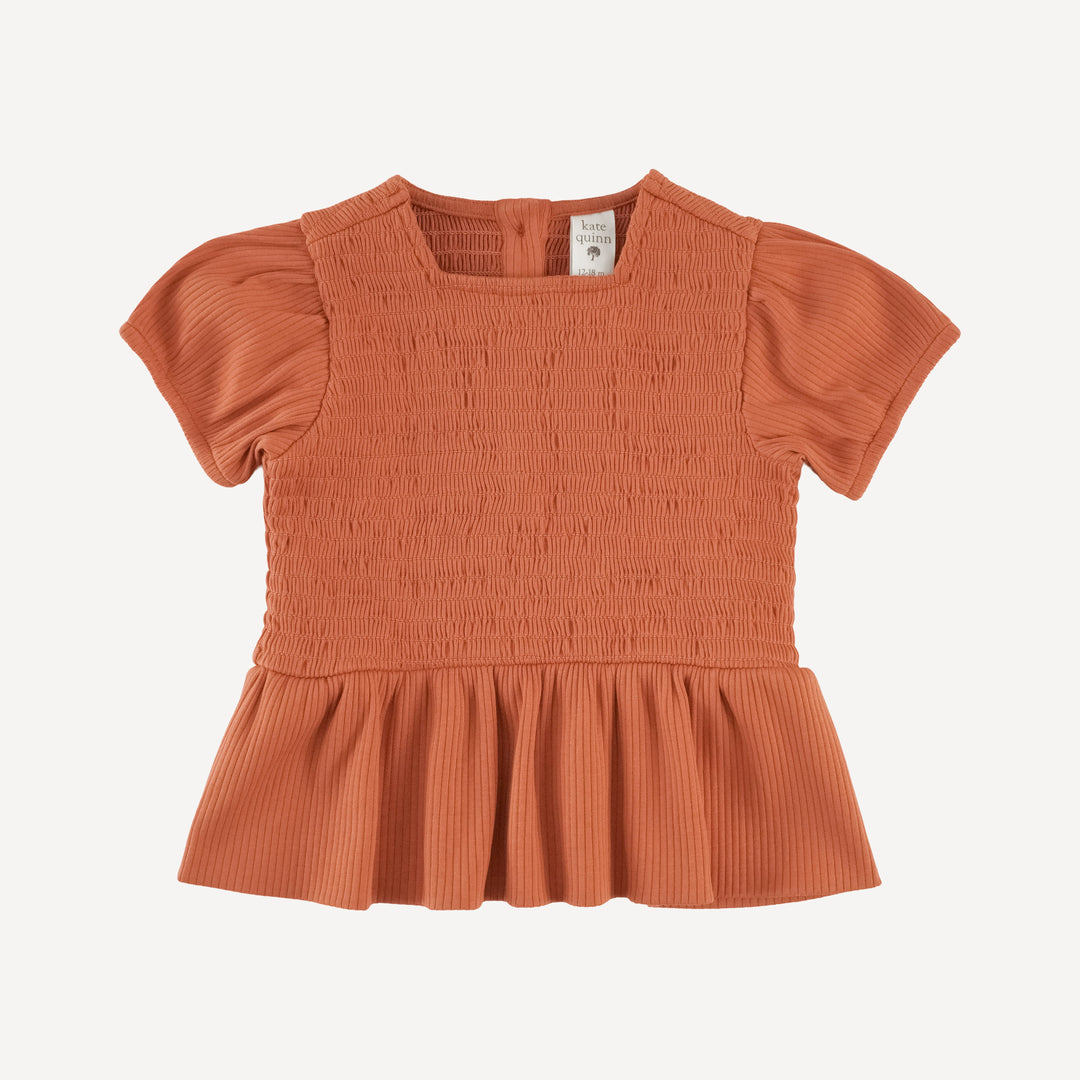 short puff sleeve smocked ruffle top + pant set | rust | organic cotton single rib