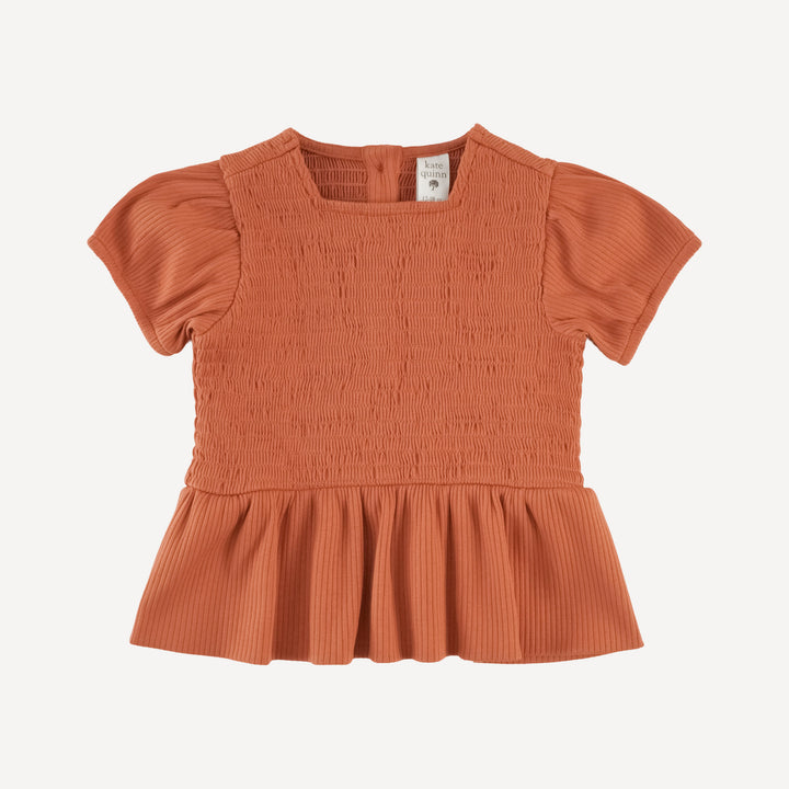 short puff sleeve smocked ruffle top + pant set | rust | organic cotton single rib