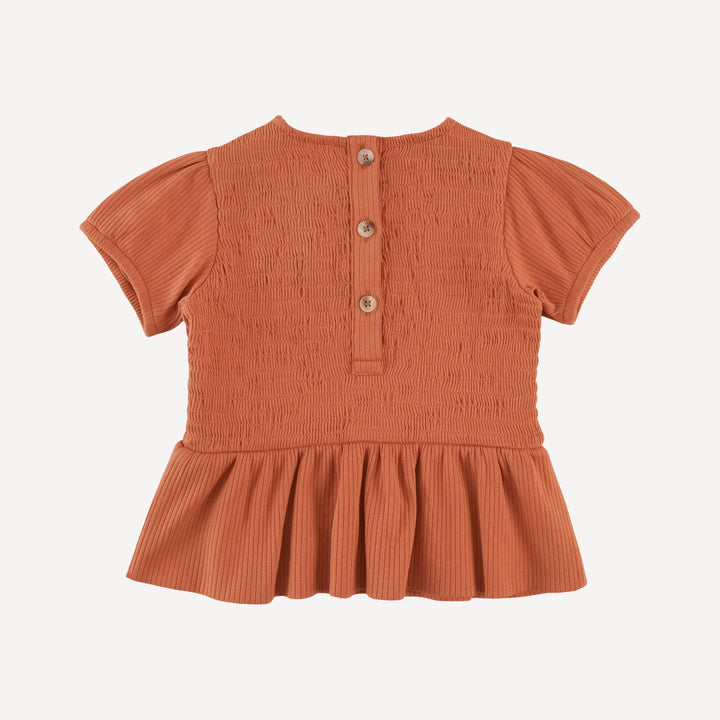 short puff sleeve smocked ruffle top + pant set | rust | organic cotton single rib
