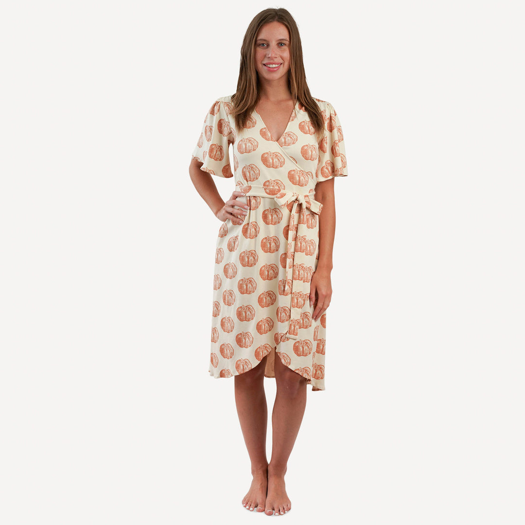 womens midi flutter sleeve wrap dress | harvest pumpkin | organic cotton interlock