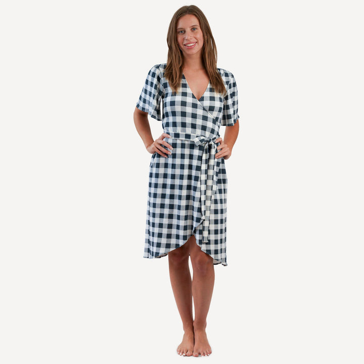 womens midi flutter sleeve wrap dress | blue gingham | organic cotton interlock