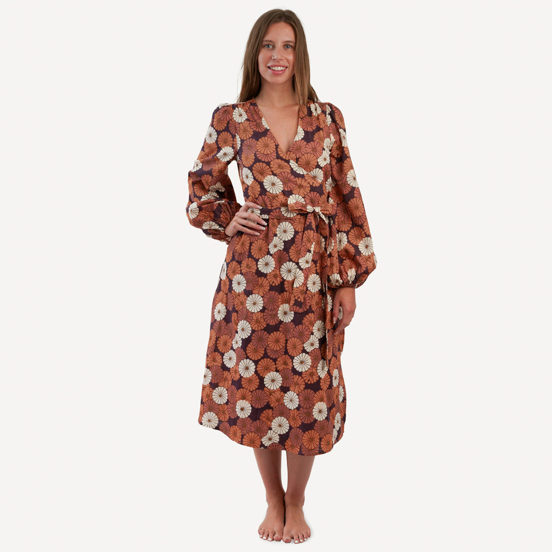 womens balloon sleeve midi wrap dress | vintage daisy | organic cotton gauze