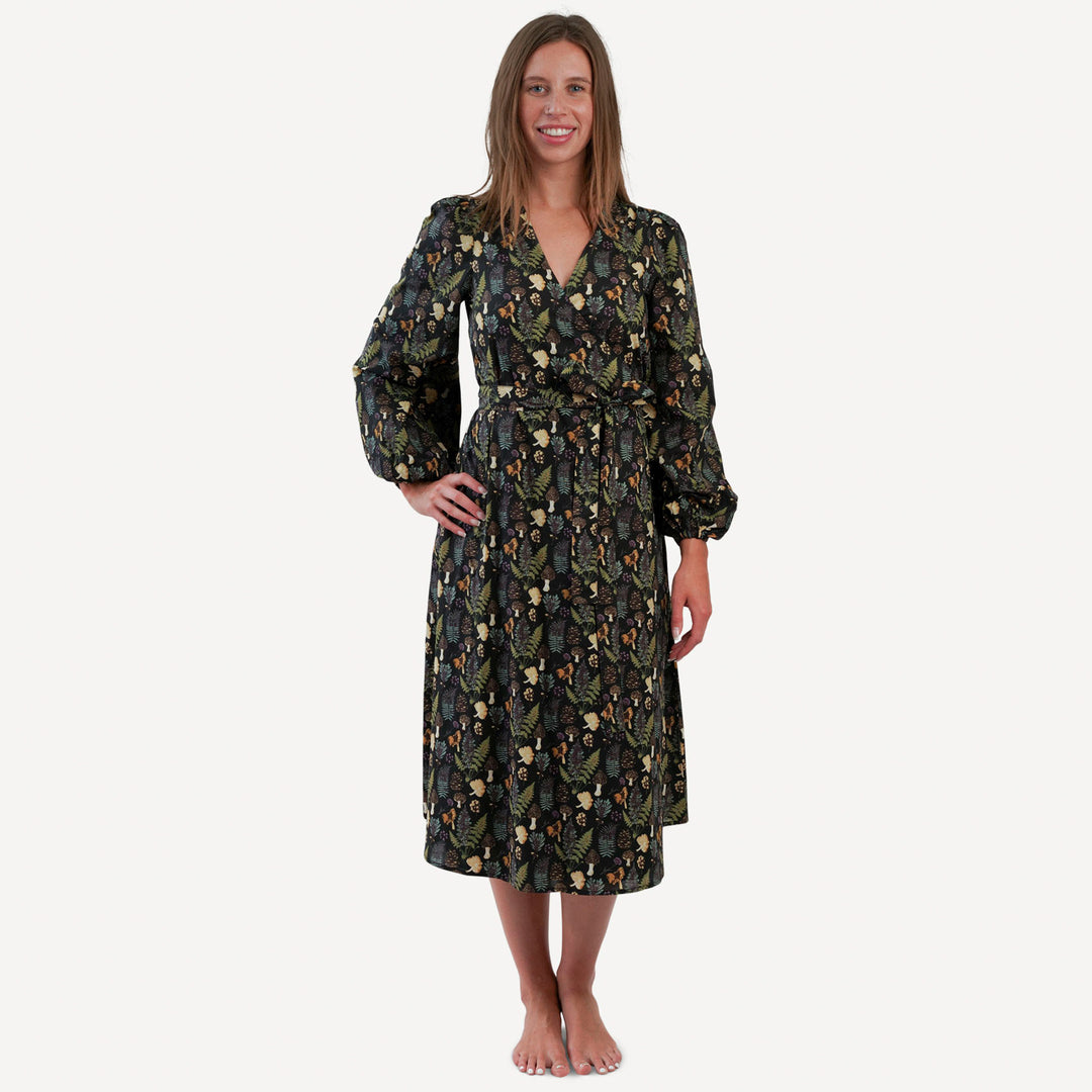 womens balloon sleeve midi wrap dress | black autumn botanical | organic cotton woven