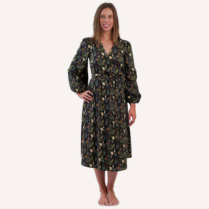 womens balloon sleeve midi wrap dress | black autumn botanical | organic cotton woven