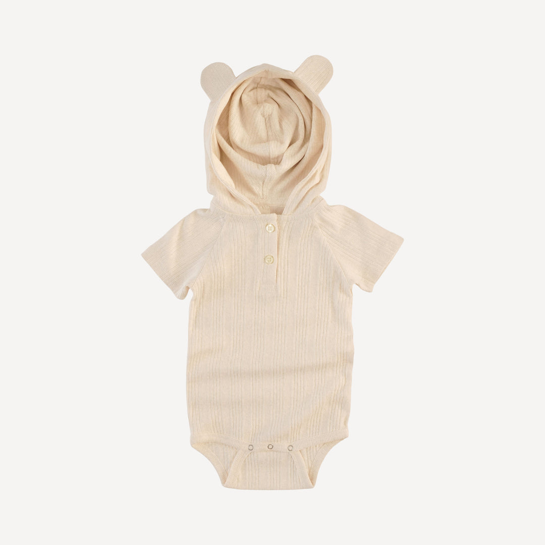 short sleeve henley bear bodysuit | oatmeal | organic cotton multi rib
