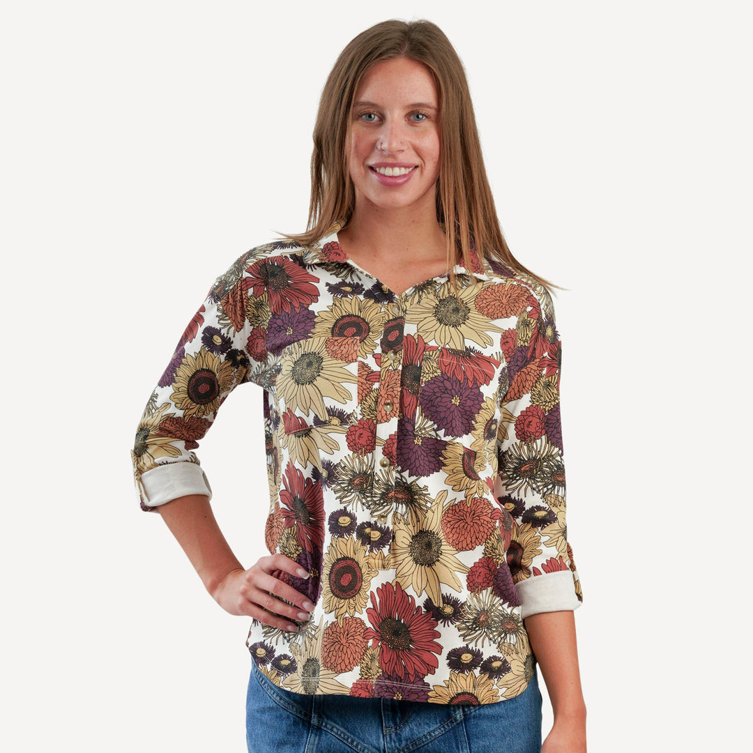 womens long sleeve gathered pocket henley top | harvest sunflower | organic cotton interlock