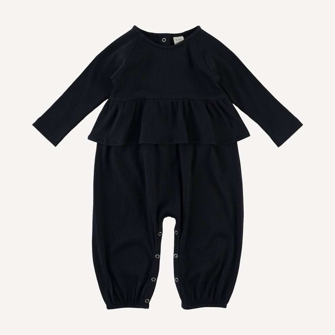 long sleeve ruffle romper | black | organic cotton single rib