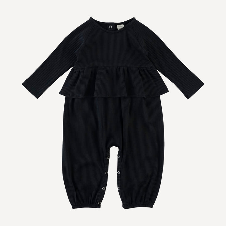 long sleeve ruffle romper | black | organic cotton single rib
