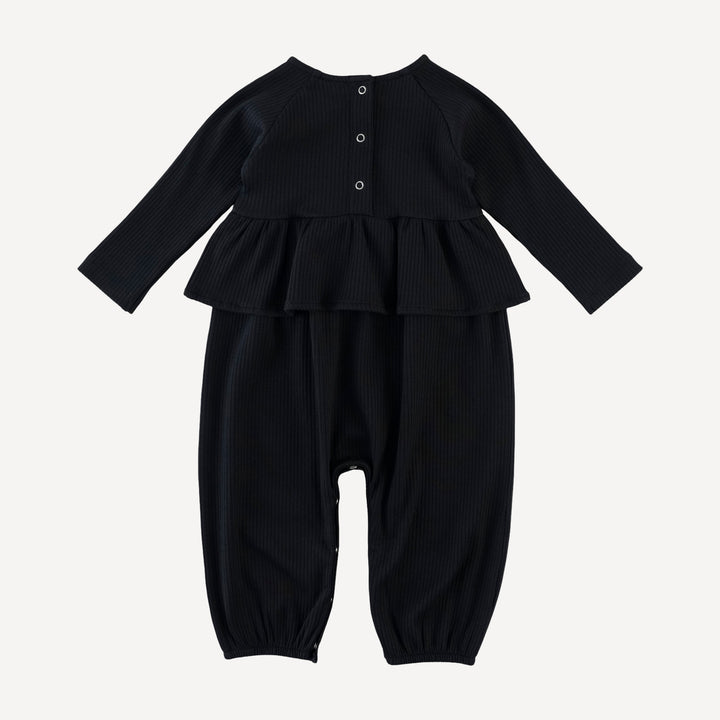 long sleeve ruffle romper | black | organic cotton single rib