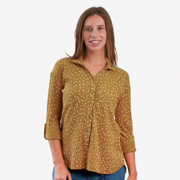 womens long sleeve gathered pocket henley top | honey dot | organic cotton wide rib