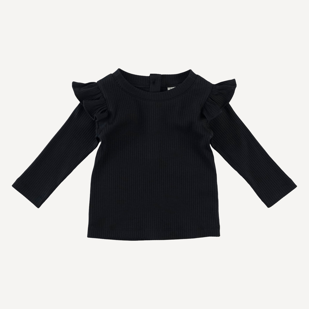 long sleeve ruffle shoulder top | black | organic cotton single rib