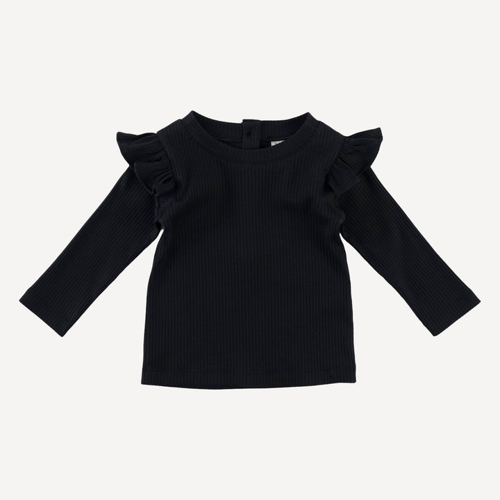 long sleeve ruffle shoulder top | black | organic cotton single rib